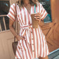 Striped Button Design Pockets Casual Dress