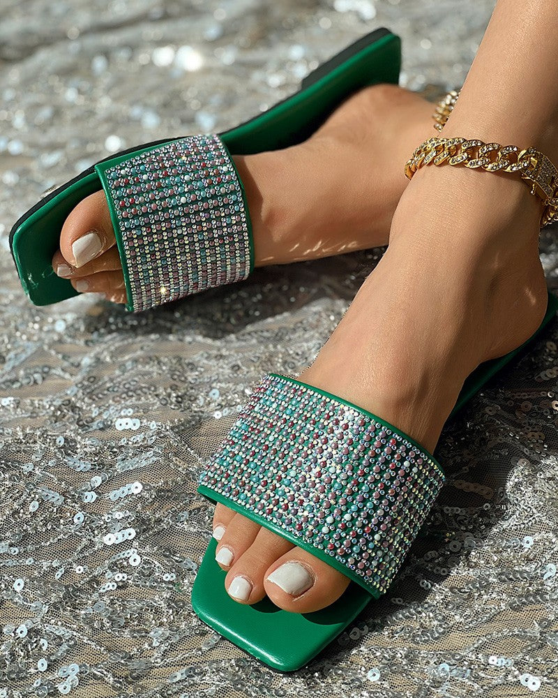 Rhinestone Wide Strap Beach Slippers
