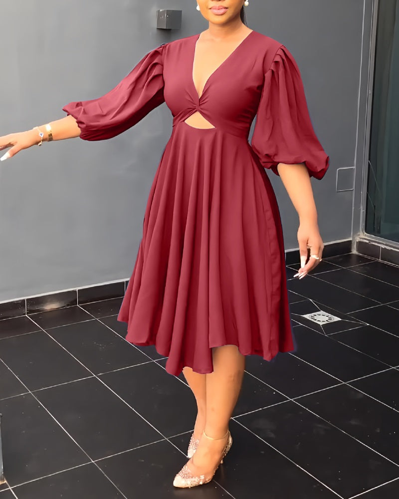 Twisted Cutout Lantern Sleeve Ruched Casual Dress