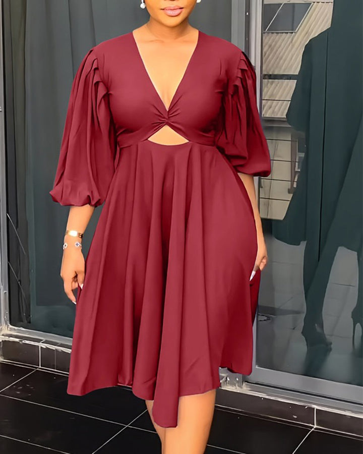Twisted Cutout Lantern Sleeve Ruched Casual Dress