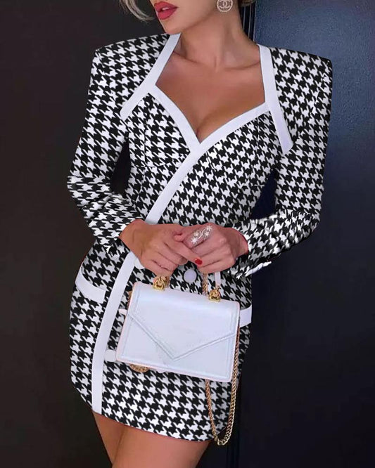 Houndstooth Button Decor Padded Shoulder Blazer Dress