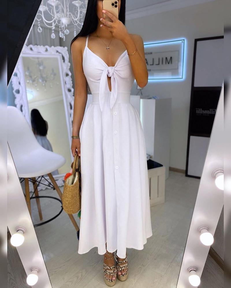 Spaghetti Strap Knotted Cutout Buttoned Maxi Dress