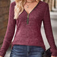 Zipper Design Long Sleeve Ribbed Top