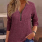 Zipper Design Long Sleeve Ribbed Top