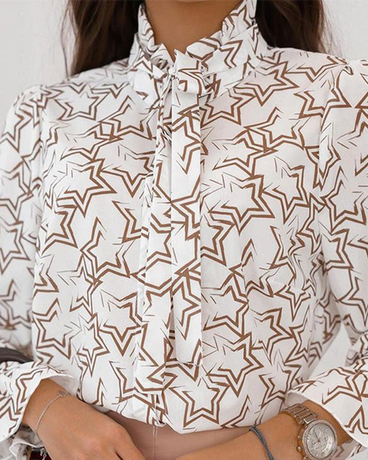 Star Print Tie Neck Long Sleeve Top