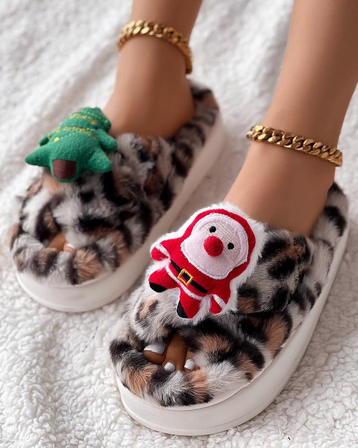 Christmas Cartoon Leopard Cross Strap Fuzzy Winter Slippers