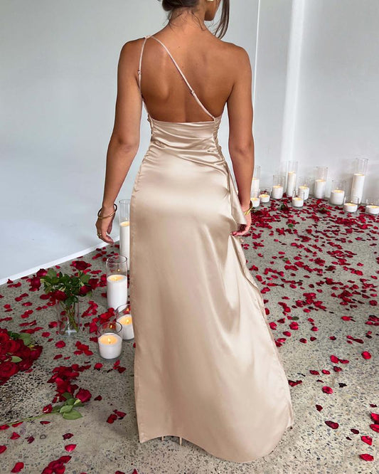 One Shoulder Backless Ruched High Slit Party Dress