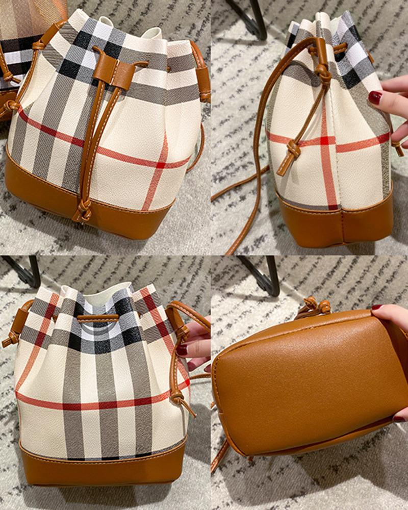 Plaid Print Drawstring Bucket Bag