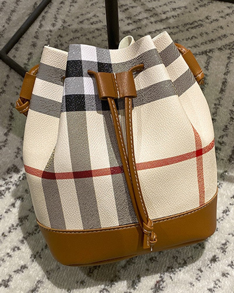 Plaid Print Drawstring Bucket Bag