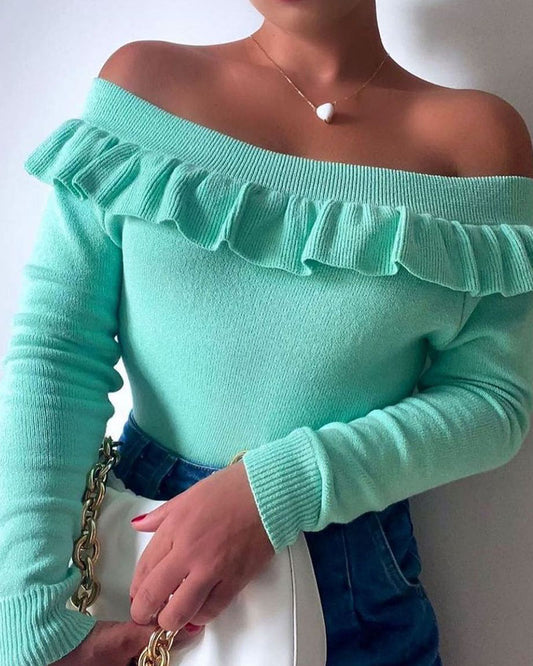 Ribbed Frill Hem Off Shoulder Sweater