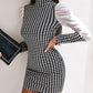Mesh Patch Houndstooth Print Puff Sleeve Work Dress