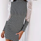 Mesh Patch Houndstooth Print Puff Sleeve Work Dress