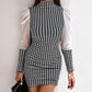 Mesh Patch Houndstooth Print Puff Sleeve Work Dress