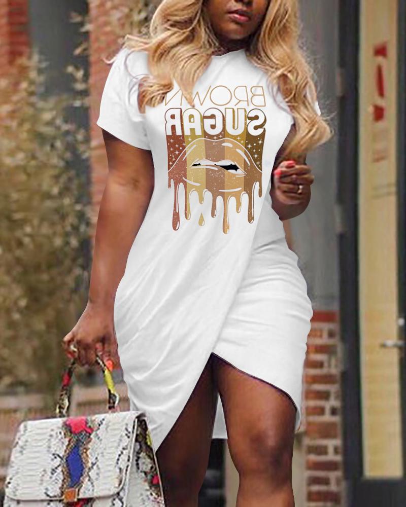 Lip Brown Sugar Print Overlap Wrap Casual Dress