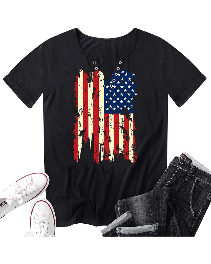 Independence Day Flag Print Eyelet Decor T shirt