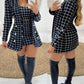3PCS Plaid Print Blazer Coat & Skirt Set With Crop Top