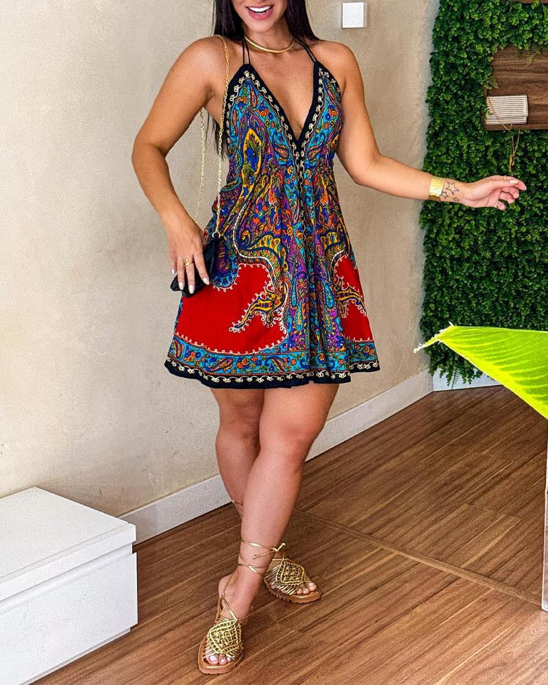 Paisley Print Halter Backless Dress