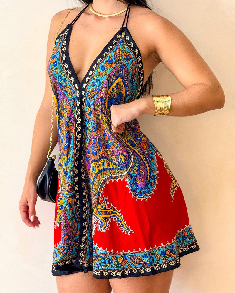Paisley Print Halter Backless Dress