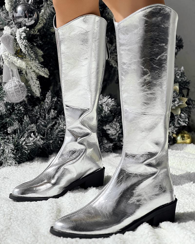 Metallic Chunky Heel Cowboy Style Calf Boots