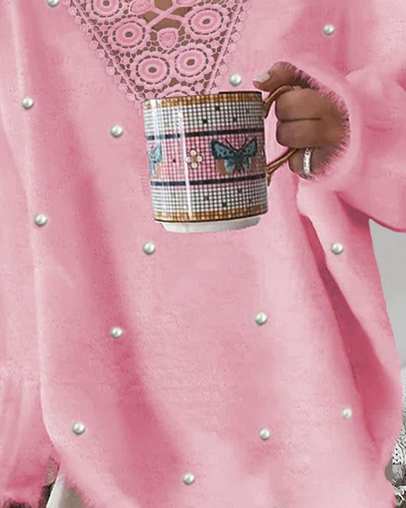 Pearls Decor Lace Patch Criss Cross Casual Top