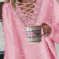 Pearls Decor Lace Patch Criss Cross Casual Top