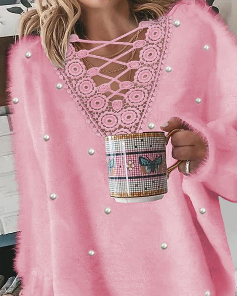 Pearls Decor Lace Patch Criss Cross Casual Top