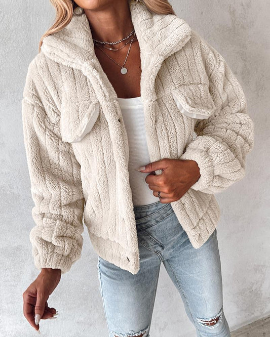 Turn down Collar Buttoned Teddy Jacket