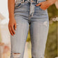 Zipper Fly Ripped Raw Hem Flared Leg Jeans