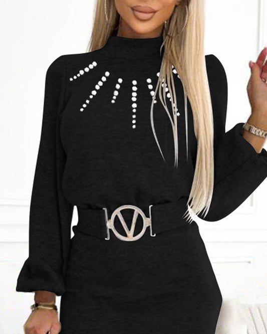 Lantern Sleeve Beaded Belted Casual Dress