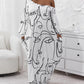 Plus Size Abstract Figure Print Lantern Sleeve Maxi Dress