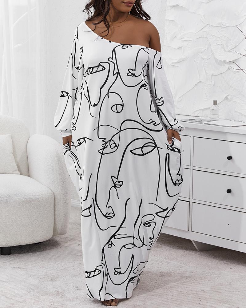 Plus Size Abstract Figure Print Lantern Sleeve Maxi Dress