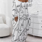 Plus Size Abstract Figure Print Lantern Sleeve Maxi Dress