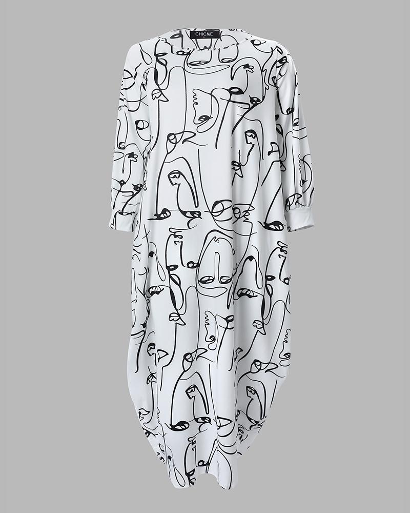 Plus Size Abstract Figure Print Lantern Sleeve Maxi Dress