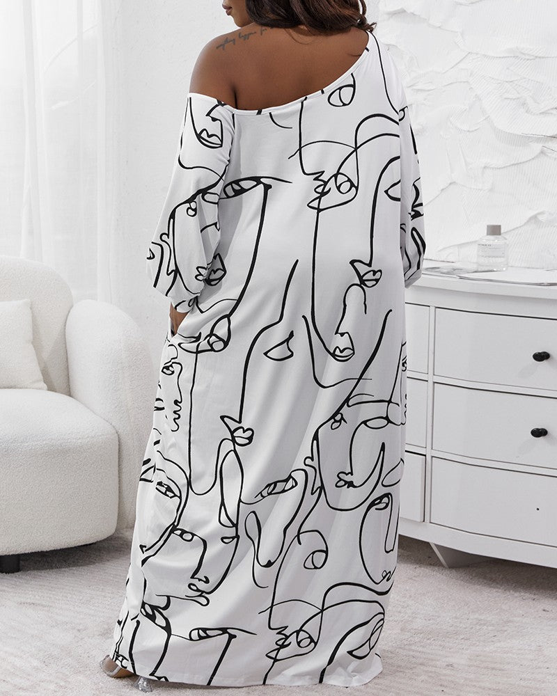 Plus Size Abstract Figure Print Lantern Sleeve Maxi Dress