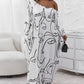 Plus Size Abstract Figure Print Lantern Sleeve Maxi Dress
