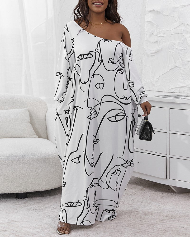 Plus Size Abstract Figure Print Lantern Sleeve Maxi Dress
