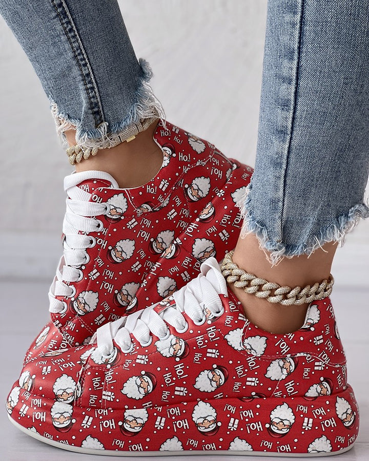 Christmas Santa Letter Print Lace up Sneakers