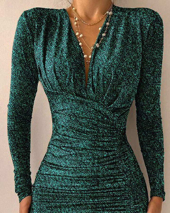 Long Sleeve Ruched Glitter Party Dress