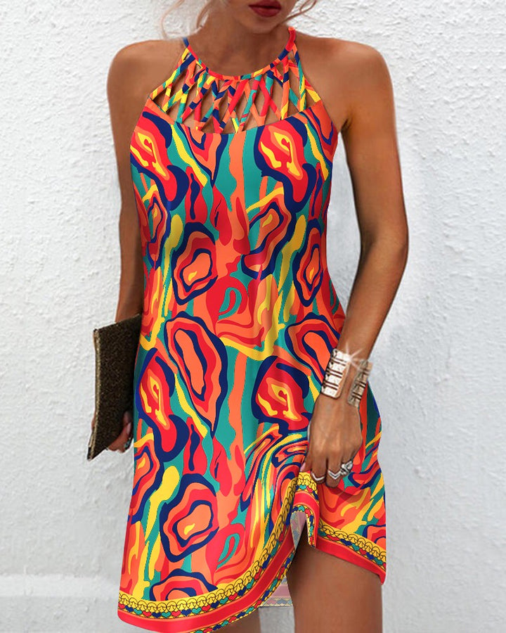 Multi Color Abstract Print Hollow Out Casual Dress