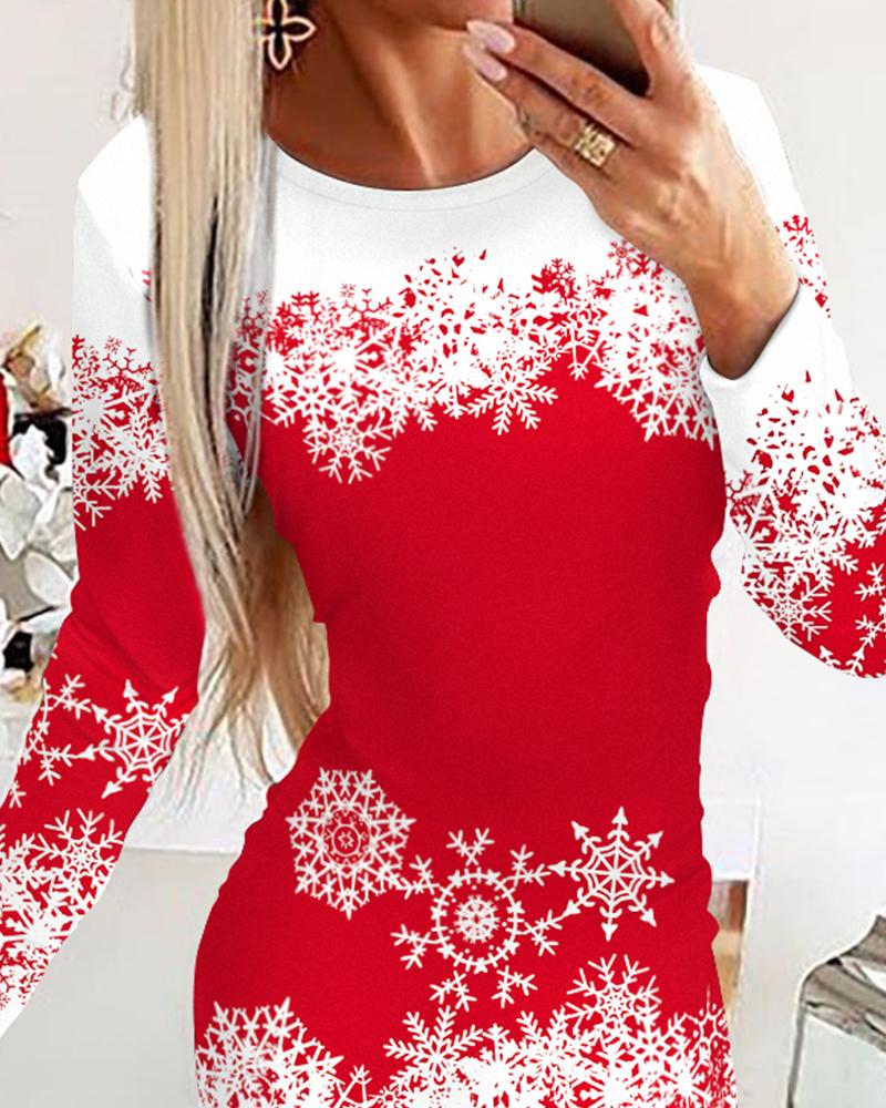 Christmas Snowflake Print Long Sleeve Bodycon Dress