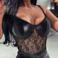 PU Leather Contrast Lace Bodysuit & Ruched Skirt Set