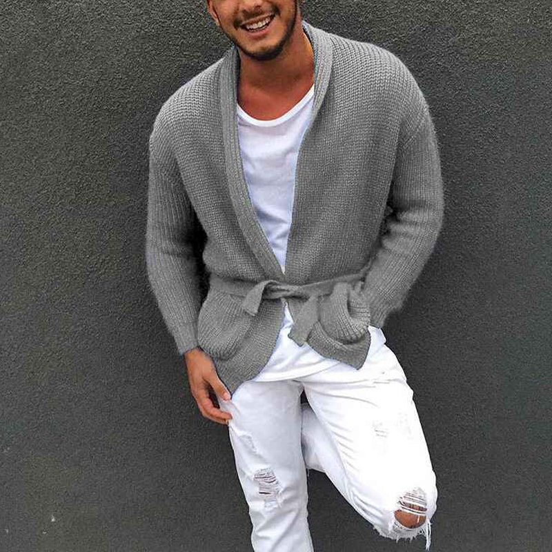   gray-Mens-Cardigan-Sweater-Shawl-Collar-Chunky-Warm-Open-Front-Long-Sleeve-Knit-Slim-Fit-Coats-G072