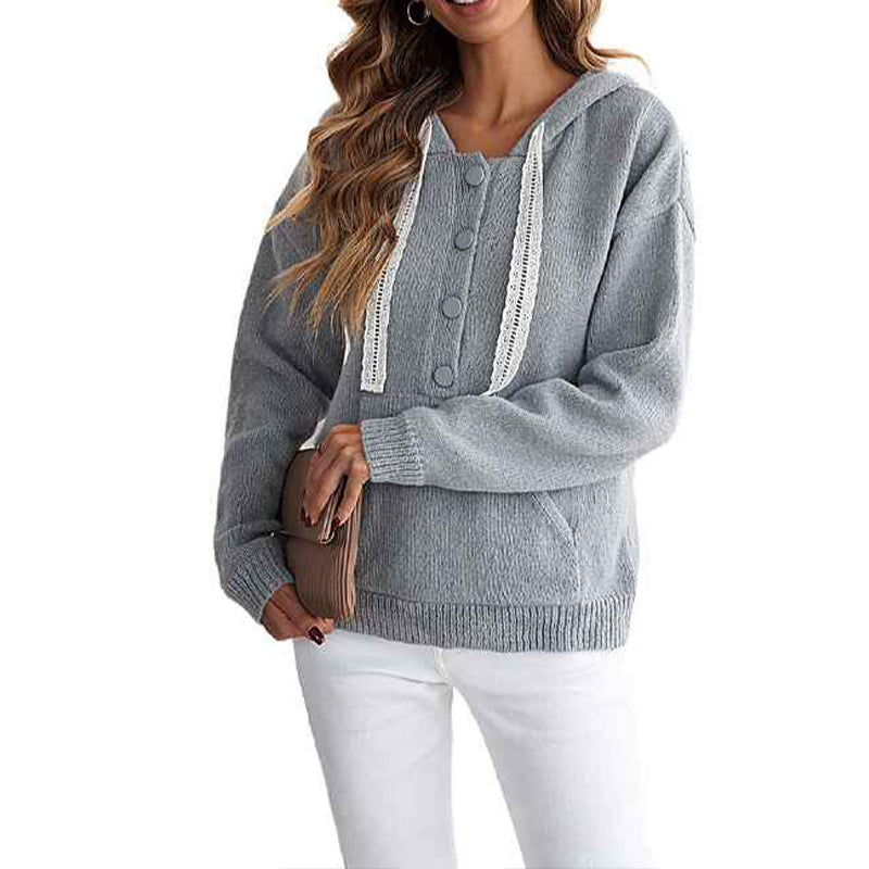     gray-Women_s-Pullover-Hoodie-Button-Collar-Drawstring-Long-Sleeve-Sweatshirt-with-Pockets
